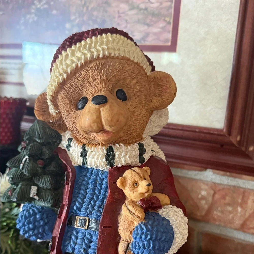 Vintage 1984 Christmas Festive Bear Figurine with Red Coat and Blue Sweater